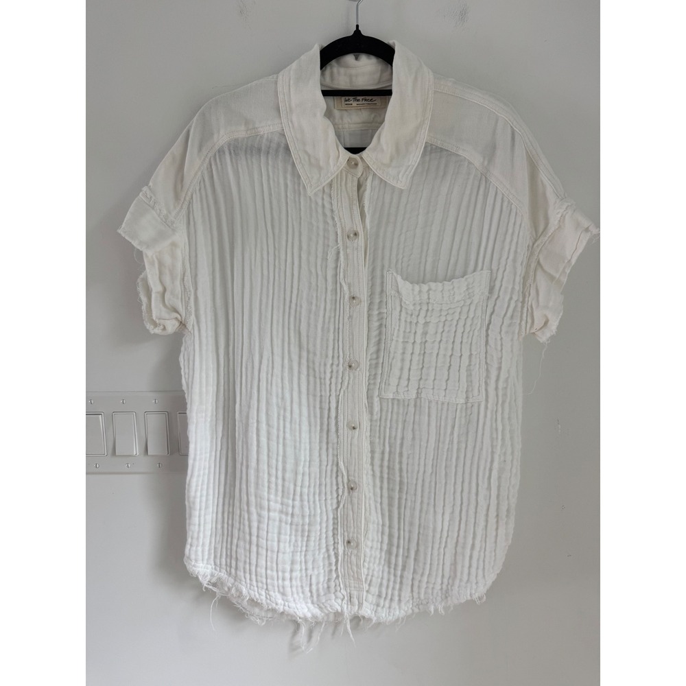 Free People We The Free White Gauze Raw Hem Short Sleeve Shirt OB1999687 Medium